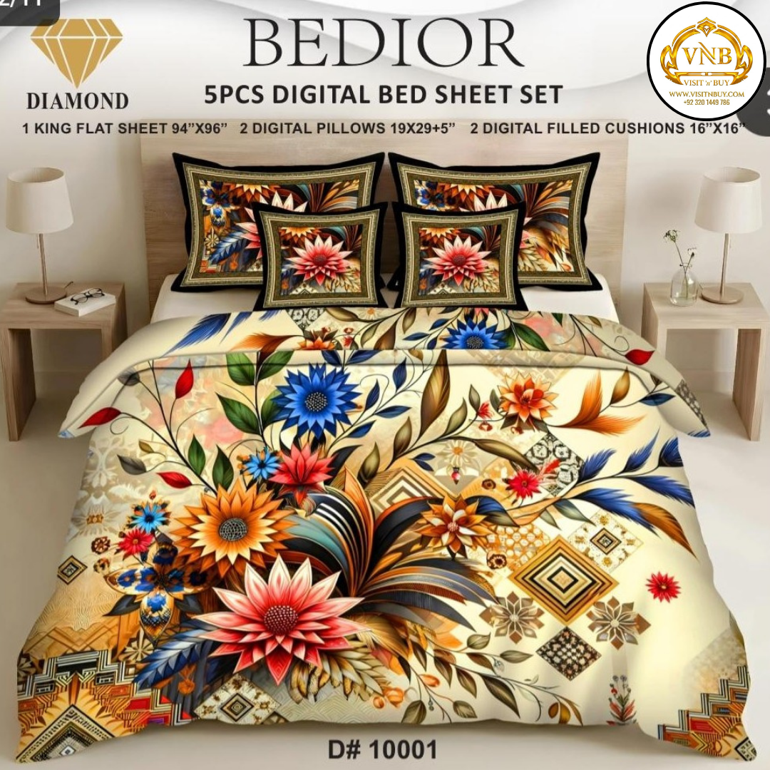 BEDIOR Diamond 5 Pcs HD Digital Printed 5D Bedsheet - King Size