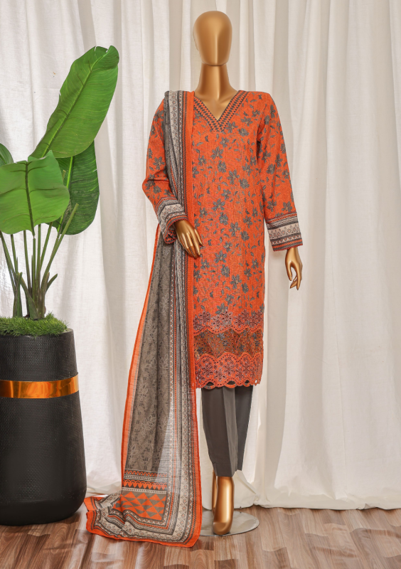 HZ 3PC Premium Khaddar Unstitched Suit with Elegant Chimki Embroidery