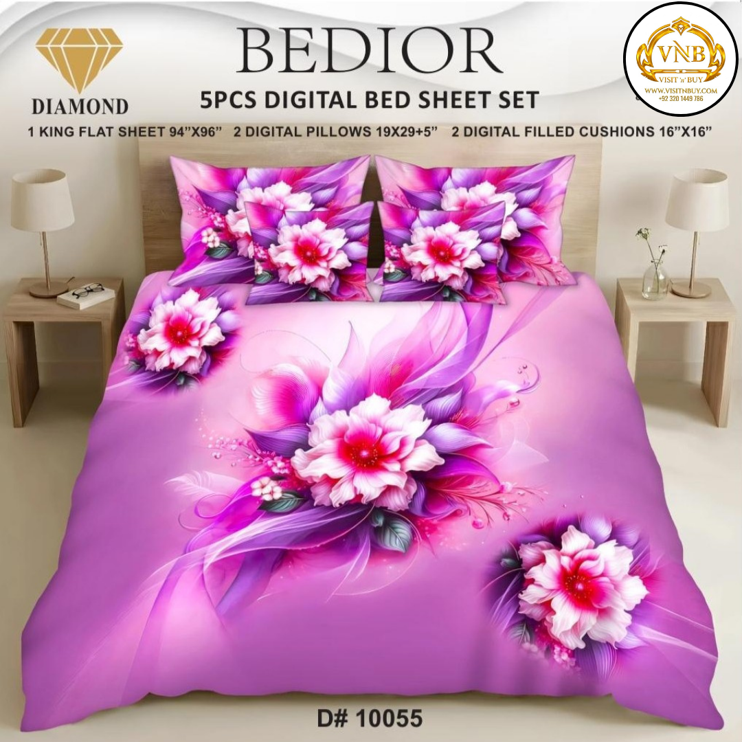 BEDIOR Diamond 5 Pcs HD Digital Printed 5D Bedsheet - King Size
