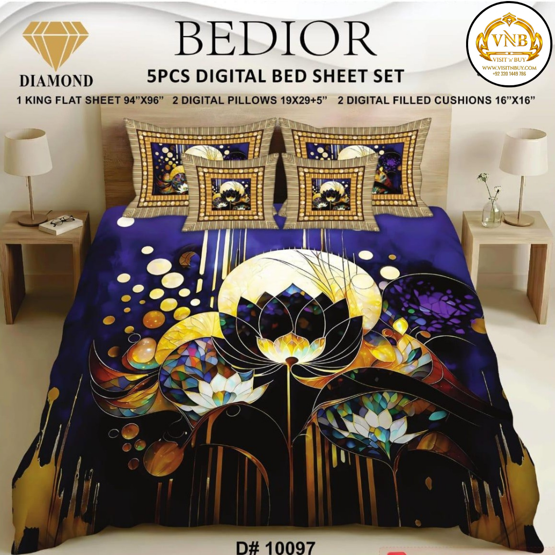 BEDIOR Diamond 5 Pcs HD Digital Printed 5D Bedsheet - King Size