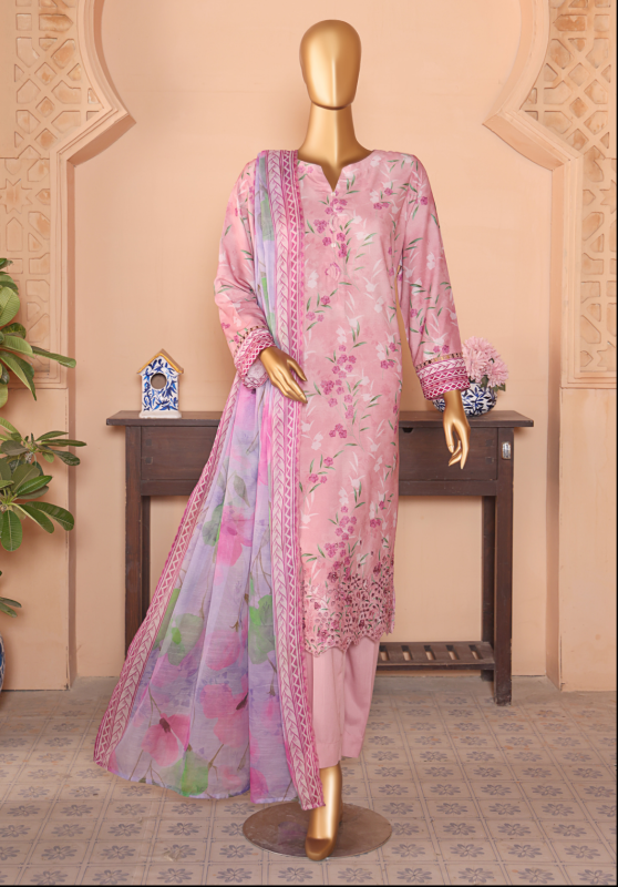 HZ 3PC Unstitched Linen Suit with Elegant Chikankari Embroidery