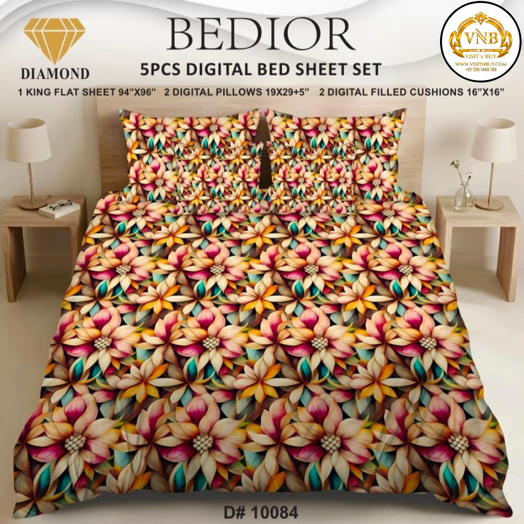 BEDIOR Diamond 5 Pcs HD Digital Printed 5D Bedsheet - King Size