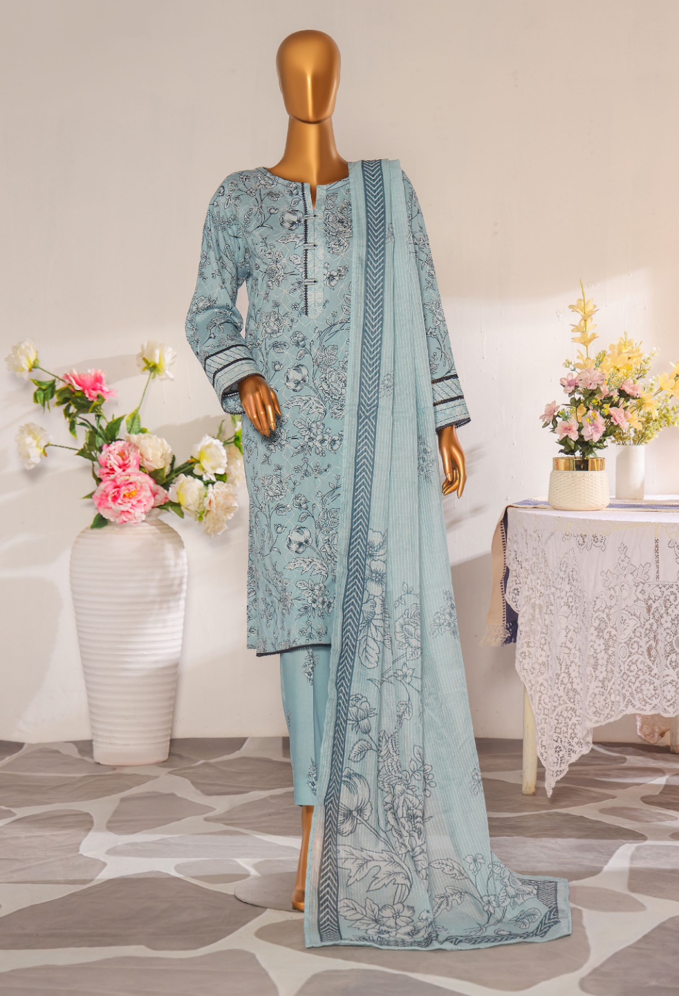 HZ 3PC Unstitched Mother Linen Suit with Premium Embroidery