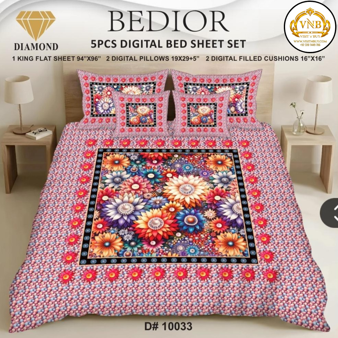 BEDIOR Diamond 5 Pcs HD Digital Printed 5D Bedsheet - King Size