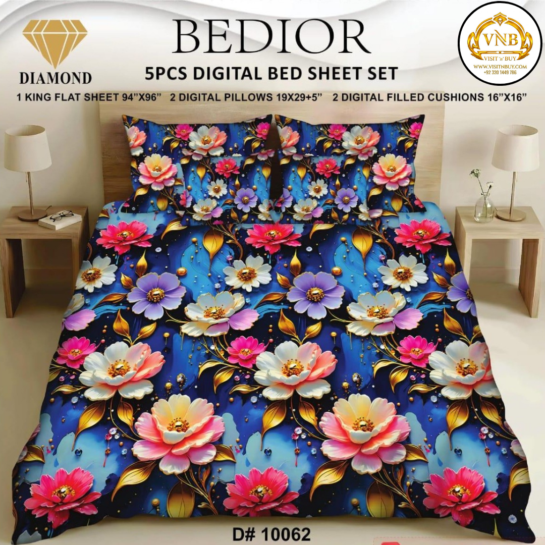 BEDIOR Diamond 5 Pcs HD Digital Printed 5D Bedsheet - King Size