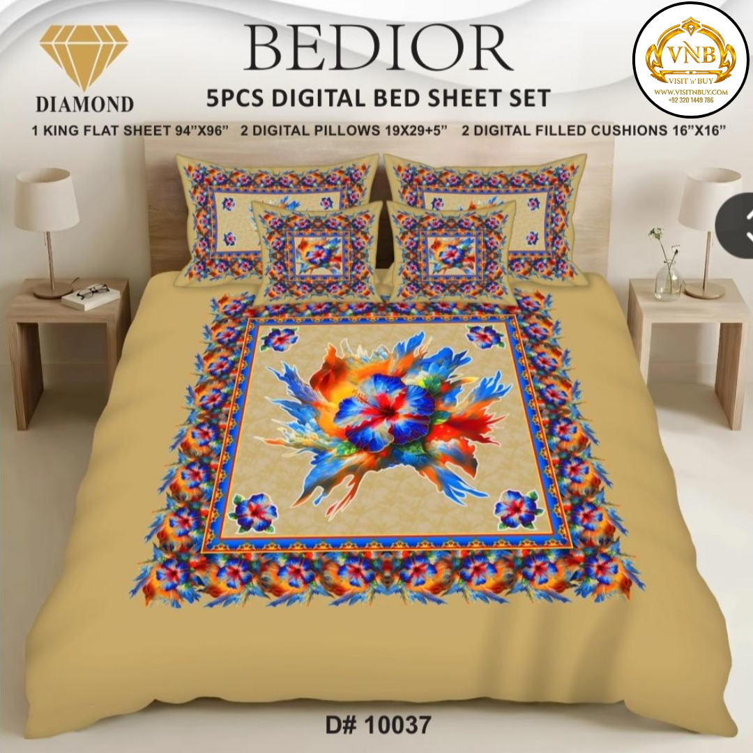 BEDIOR Diamond 5 Pcs HD Digital Printed 5D Bedsheet - King Size
