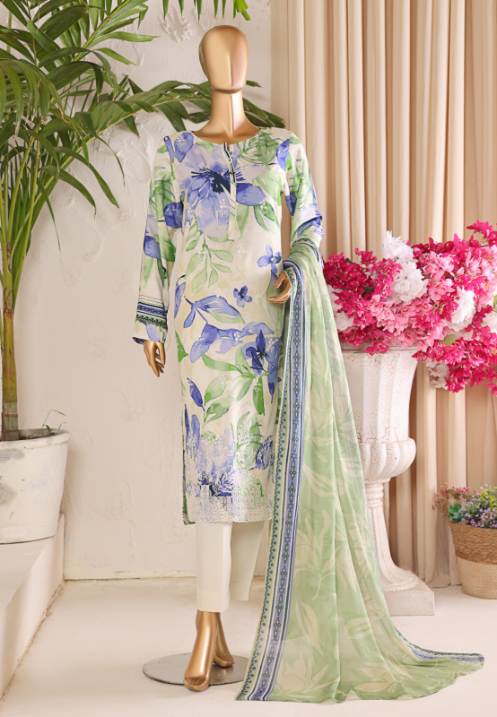 HZ 3PC Unstitched Linen Suit with Elegant Chikankari Embroidery