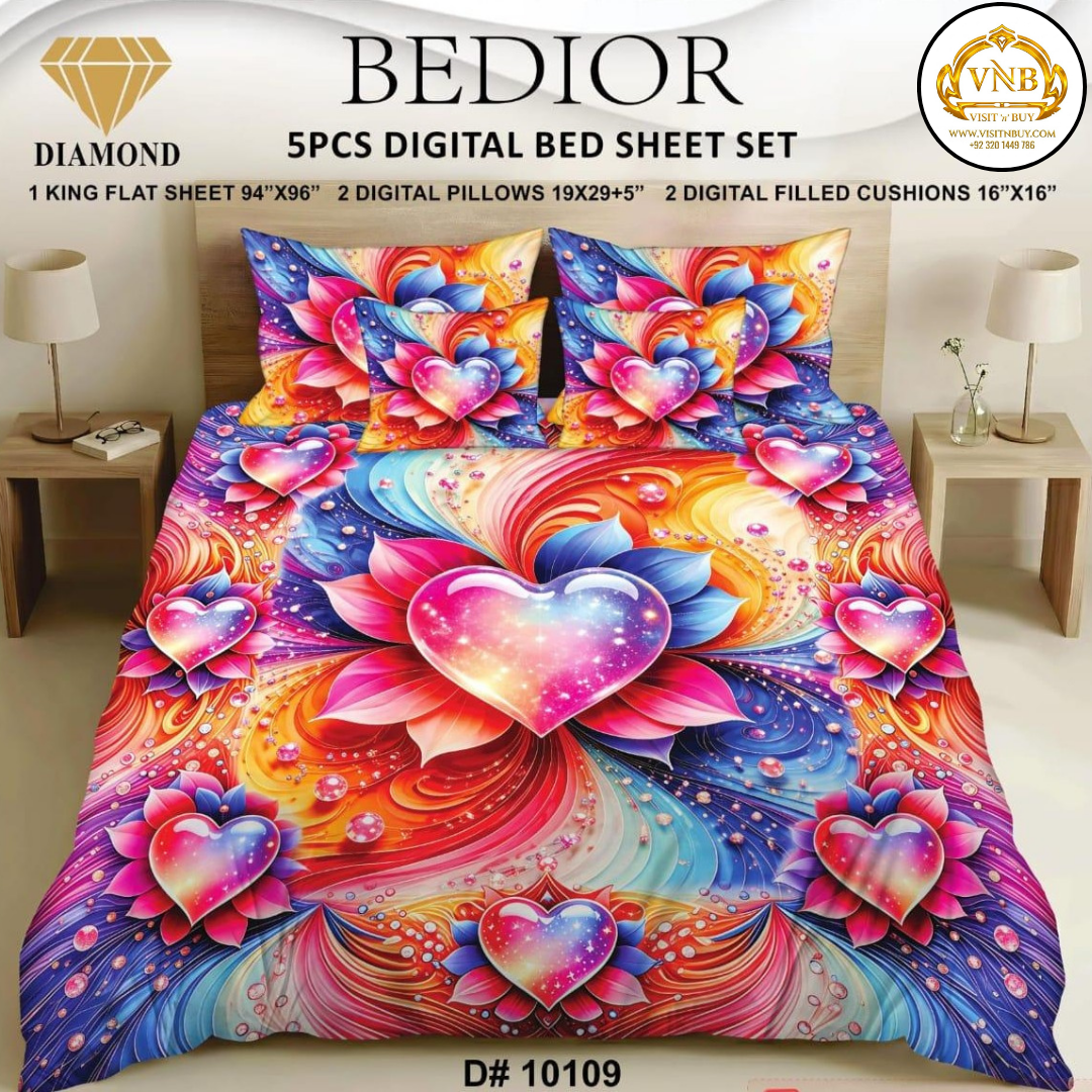 BEDIOR Diamond 5 Pcs HD Digital Printed 5D Bedsheet - King Size