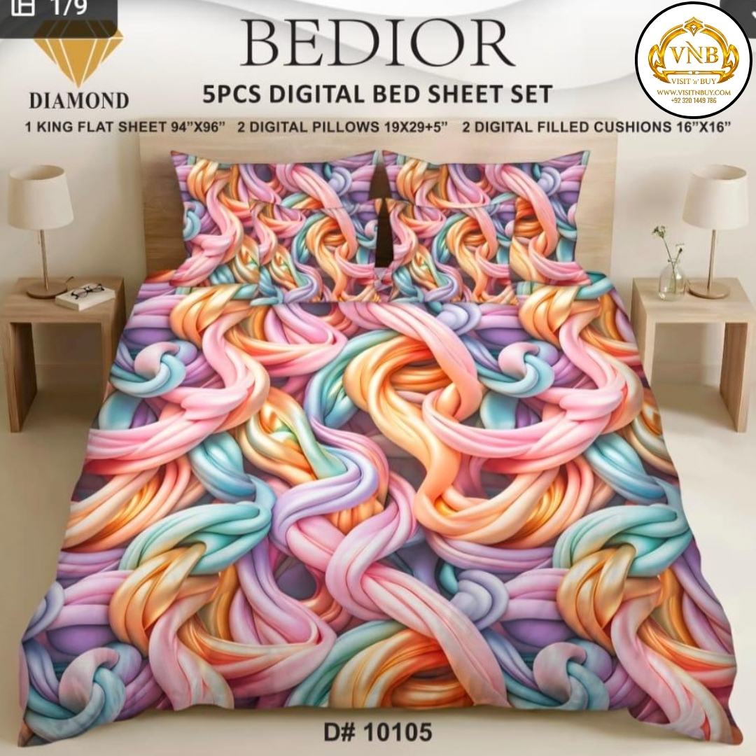 BEDIOR Diamond 5 Pcs HD Digital Printed 5D Bedsheet - King Size
