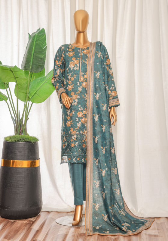 HZ 3PC Premium Khaddar Unstitched Suit with Elegant Chimki Embroidery